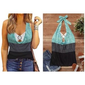 4 Color Block Halter Fake Two-Piece Tank Tops Backless Sexy Cami Top Casual